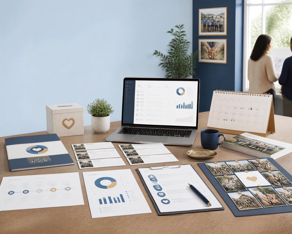 Organized workspace with laptop displaying charts, scattered design documents, plant, and office supplies on wooden desk